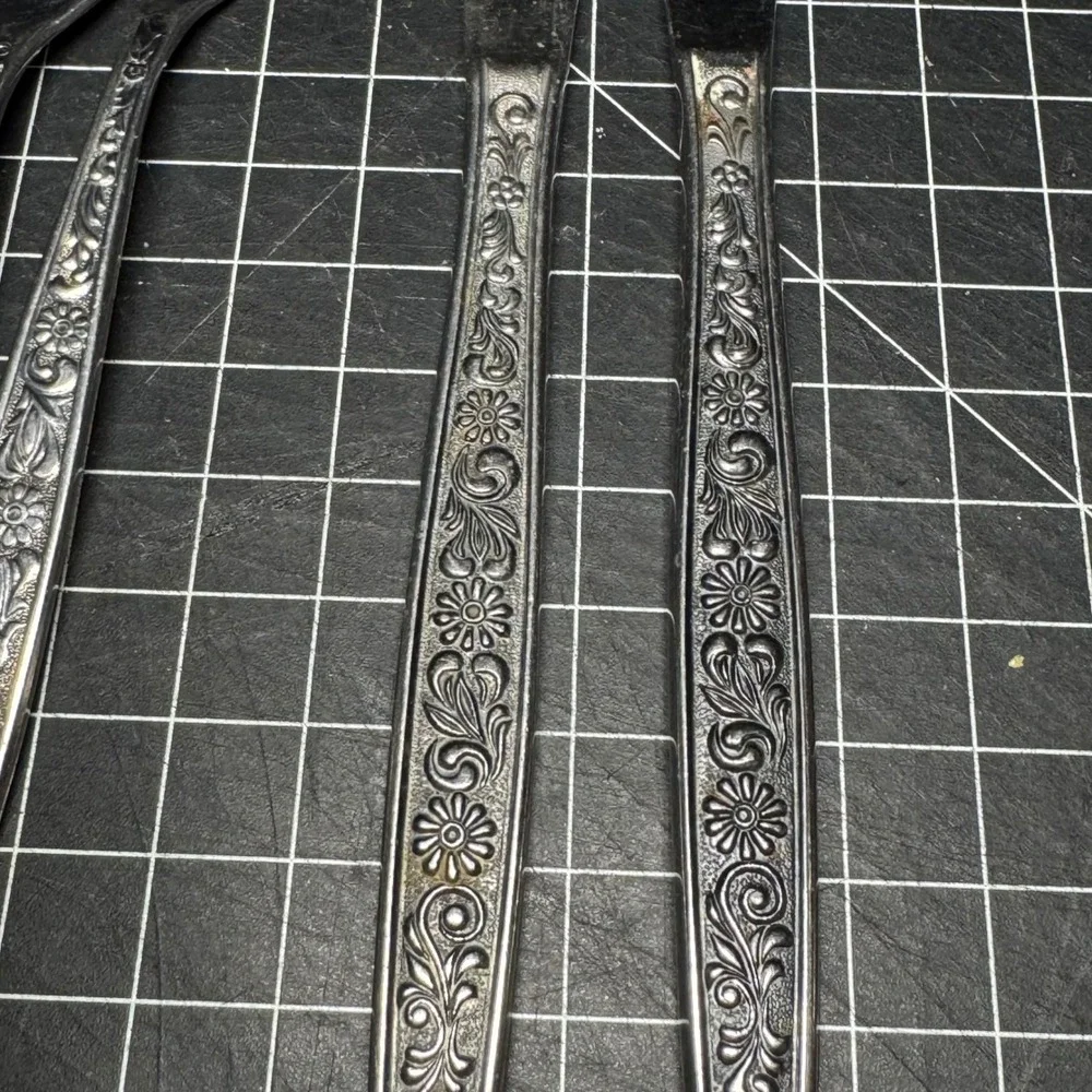 Vintage Stainless Steel Korea Floral Flatware Set 3 Forks 2 Knives Daisy Pattern